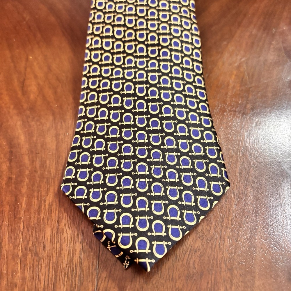 Ashford & Brooks‎ Silk Tie Black Blue Gold Equestrian Horseshoe Necktie